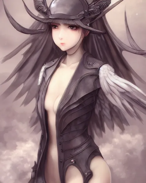 Image similar to range murata, an infinitely detailed portrait of a frail and pale female peace angel elegantly. fully - clothed full - body, beautiful! scenery art!! coherent! by wlop & murata range, victorian armor trim, cold color palette, artstation / pixiv!! elegantly armored angel portrait full - body, dreamy art