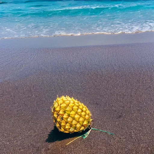 Image similar to a pineapple with a bikini on the beach.