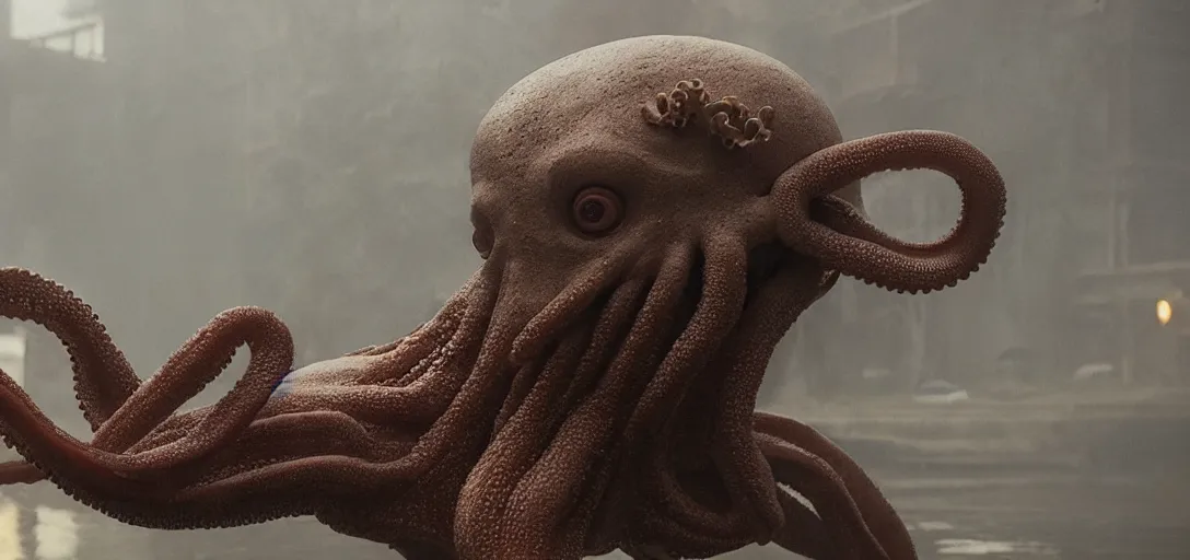 Prompt: an octopus in the shape of a s. k. u. l. l., foggy, cinematic shot, photo still from movie by denis villeneuve, wayne barlowe
