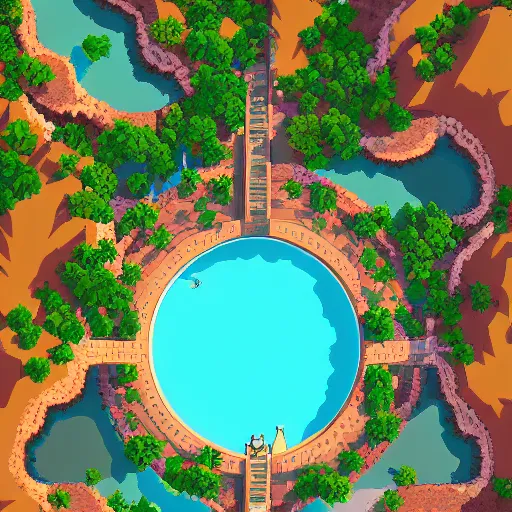 Prompt: desert oasis, aerial view, pixel art, artstation, detailed