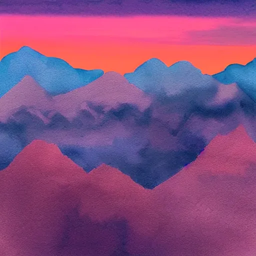 Prompt: blue watercolor mountains with a pink and blue rising sun cloudy sky, soft colors