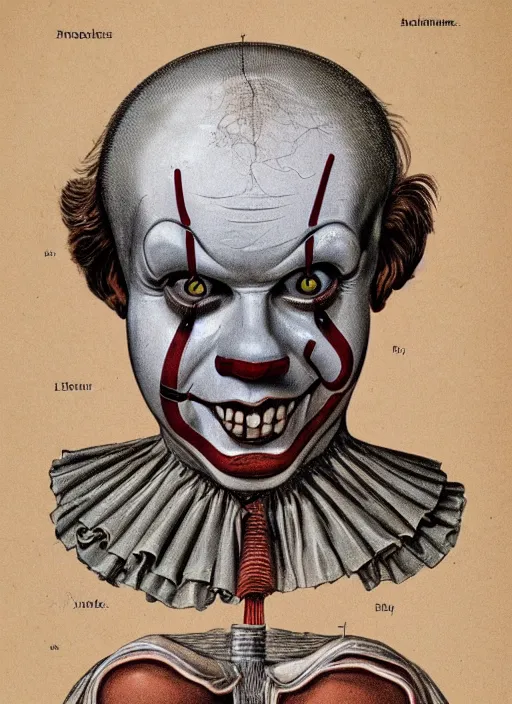 Image similar to vintage medical anatomical illustration of pennywise ( 1 9 9 0 ) head, highly detailed, labels, intricate writing