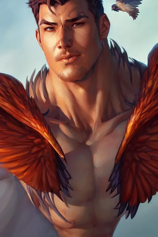 Image similar to character art by wlop, steve henderson, and j scott campbell, gooseman, male hero, goose head, wings, 4 k, arstation, trending, high quality, very detailed, digital