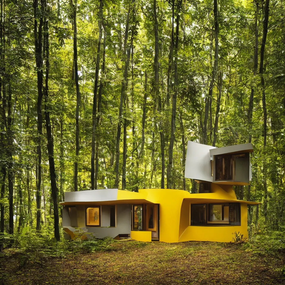 Prompt: a tiny tiny flat house in a light forest clearing, designed by Frank Gehry. Tiles. Film grain, cinematic, yellow hue