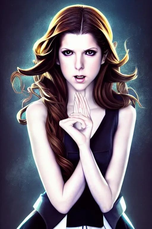 Prompt: ultra realistic, beautiful Anna Kendrick Zatanna DC Comics, full body, floating, on stage, symmetrical face symmetrical eyes, modern anime, fantasy, eerie, intricate details, atmospheric, elegant, super highly detailed, professional digital painting, artstation, concept art, 8k, art by artgerm and eiichiro oda and koyoharu gotouge