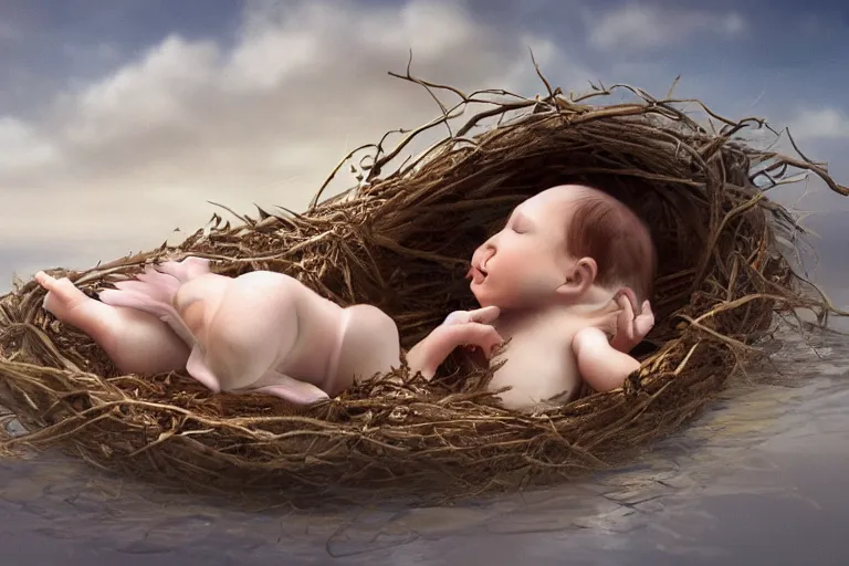 Prompt: a baby mermaid laying in a nest under the ocean, photography, concept art, digital art, trending on artstation, 4 k, extremely detailed, realistic, photorealistic, anne geddes