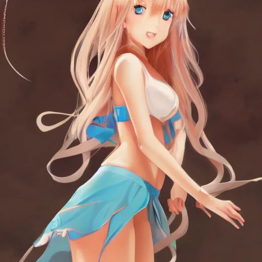Image similar to a very beautiful young anime flower girl, full body, long wavy blond hair, sky blue eyes, full round face,, bikini, miniskirt, front view, mid - shot, highly detailed, cinematic wallpaper by stanley artgerm lau