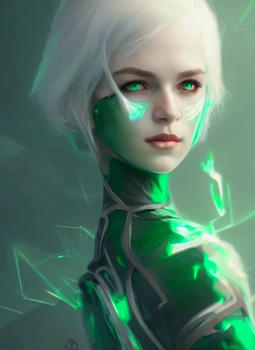 Image similar to a beautiful white - haired girl with emerald eyes dressed as a superhero, pyromancer, intricate, elegant, highly detailed, digital painting, artstation, concept art, smooth, sharp focus, illustration, ethereal, misty, by ilya kuvshinov and jeremy mann, 8 k, octane render