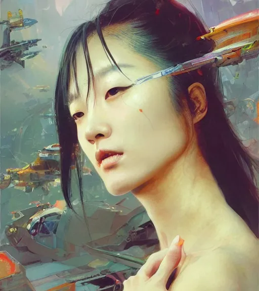 Image similar to Lee Jin-Eun by John Berkey and Peter Mohrbacher, rule of thirds, seductive look, beautiful, in intergalactic hq