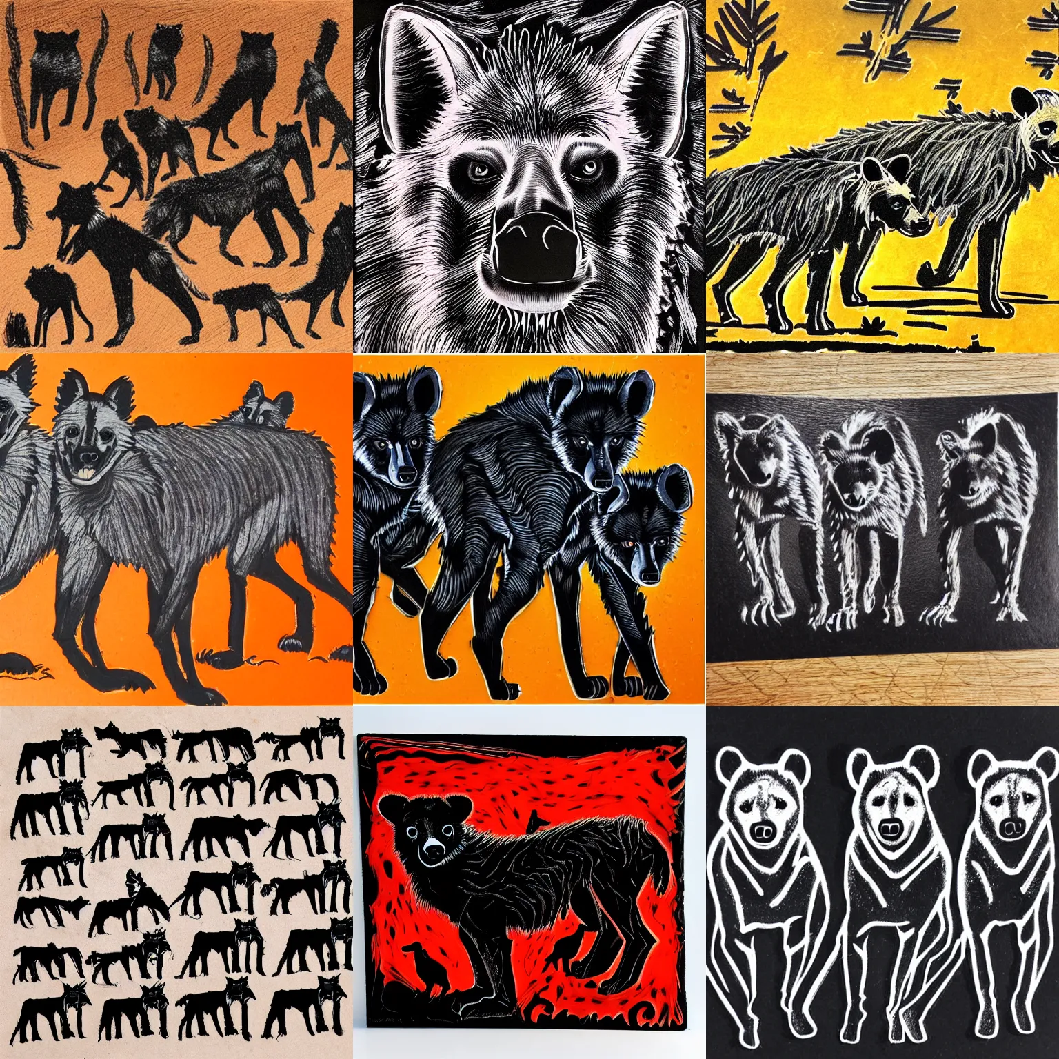 Prompt: pack of hyenas, scratch art