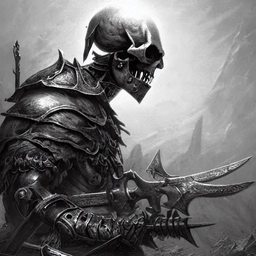 Prompt: undead warrior wearing a skull mask and wielding a battle axe, engraving, concept art, digital art, elden ring, illustration, dark fantasy, grimdark, smooth, sharp focus, ultra detailed, artgem, by gustave dore and greg rutkowski