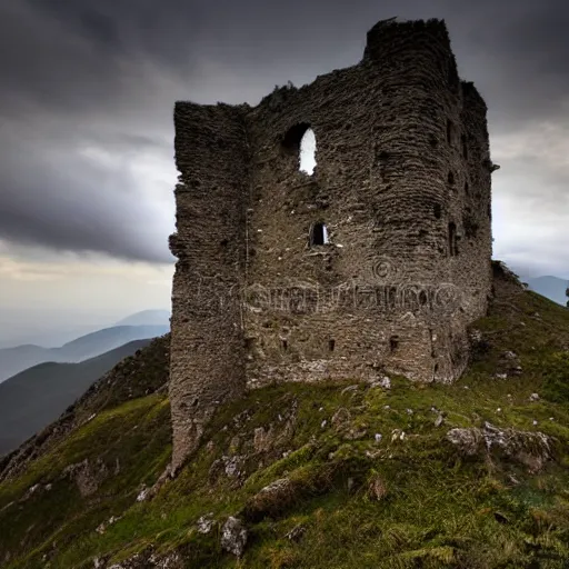 Image similar to photograph, a ruined castle on top of a big mountain, the photo was taken from very far away below the castke looking up at it, there are no other mountains around it, there is only sky in the background, day time, ambient lighting, exteme far up, ultra high detail, 8 k