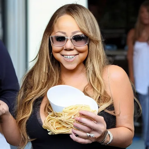 Prompt: mariah carey eating spaghetti, outside in parking lot