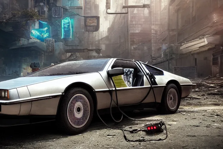 Image similar to highly detailed photorealistic rendering of a delorean parked on the streets of a cyberpunk abandoned city with the door open, futuristic post - apocalyptic vibe, by greg rutkowski and stanley artgerm and alphonse mucha, octane, sharp focus, hyperrealistic, unreal engine 5, vray, masterpiece