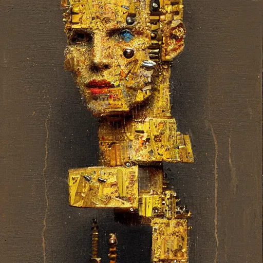 Image similar to a sculpture portrait made of fabric and screws and slides and gold, painting part by wojciech siudmak, part by ilya repin, part by max ernst, part by norman rockwell, artstation