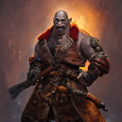 Image similar to portrait of a muscular, bald orc mechanic, wearing a heavy brown leather coat, wielding a wrench, tusks visible, steampunk and magic setting, Warcraft character, fantasy character, dramatic lighting, high detail, digital art by Ruan Jia