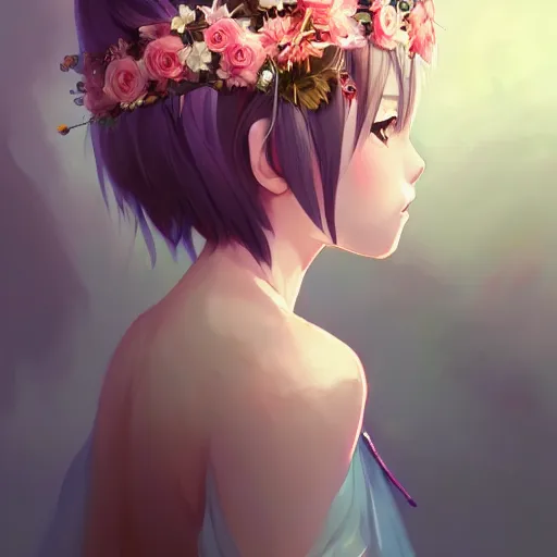 Image similar to portrait of anime pixie character with flower crown hair, manga cover, highly detailed, digital painting, artstation, concept art, sharp focus, illustration, strong brush stroke, anime, art by greg rutkowski, ilya kuvshinov, sharp focus, ghibli studio, art by ilya kuvshinov, rossdraws