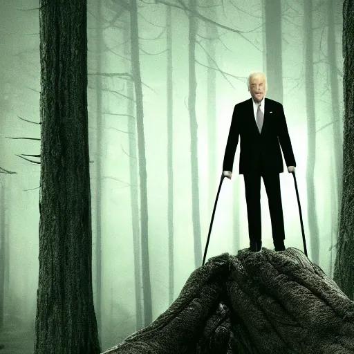 Prompt: joe biden as slenderman in forest, creepy joe biden, tall trees, night, creepy, horror, movie still, cinematic lighting, ray tracing, octane render, long lens, shallow depth of field, bokeh, anamorphic lens flare, 8 k, hyper detailed, 3 5 mm film grain