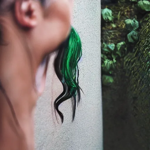 Image similar to beautiful tanned Vietnamese boulderer, green streaks in hair, trending on instagram, portrait, photorealistic,