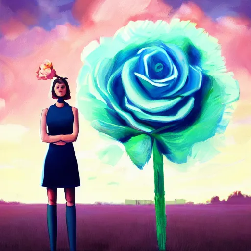 Image similar to portrait, giant rose flower head, girl in a suit, surreal photography, sunrise, blue sky, dramatic light, impressionist painting, digital painting, artstation, simon stalenhag