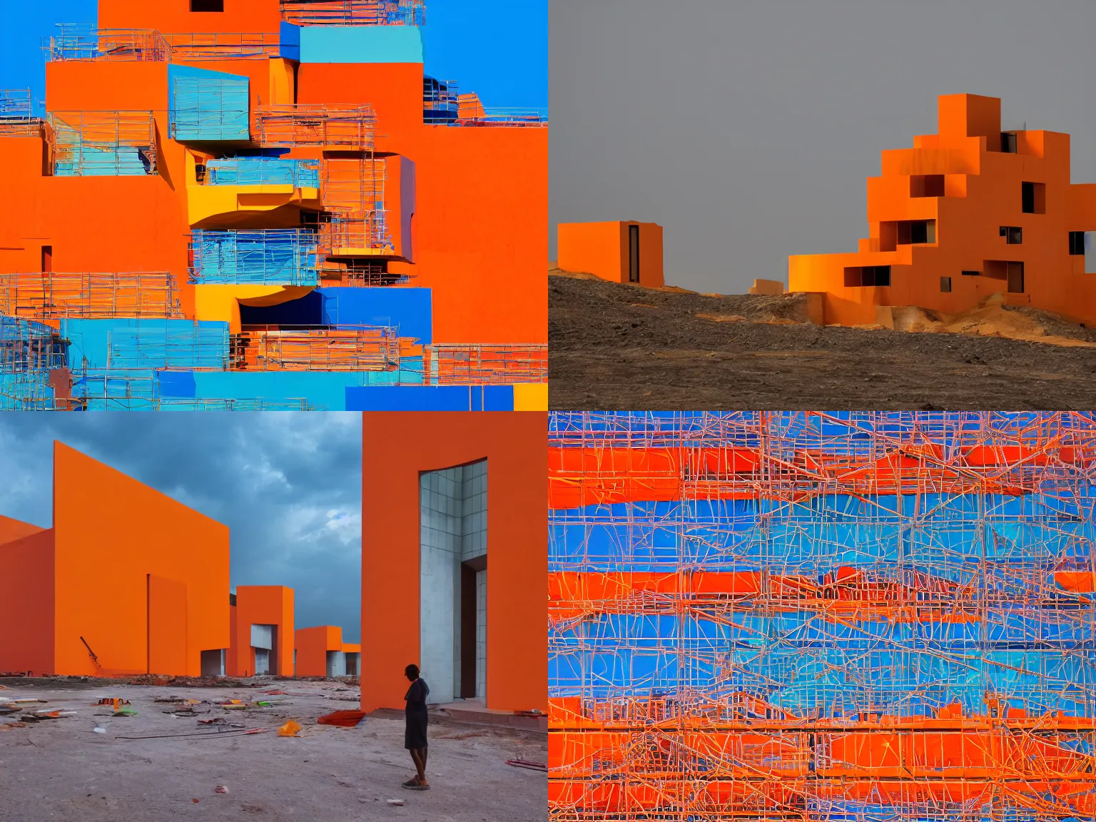 Prompt: Colorfull solitary Étienne-Louis Boullée architecture in the middle of an orange desert under a bluish starry sky. Few lights coming from the building. Small silhouette of people staring at the construction. ominous feeling