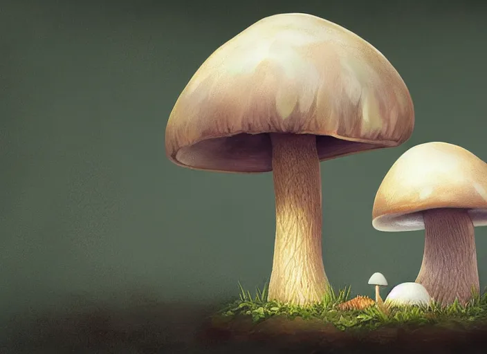 Image similar to a cute creature sitting next to a mushroom concept portrait, detailed, sharp focus, pastel, intricate, realistic, smooth, volumetric lighting, digital painting, by miyazaki