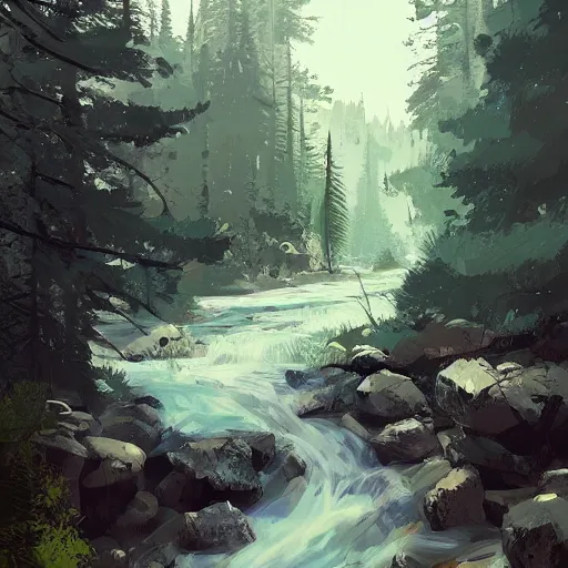 Prompt: mountain valley dotted with pine trees with a stream flowing through it, by ismail inceoglu, detailed digital painting, concept art, brushstrokes, elegant, calming, serene, 8 k