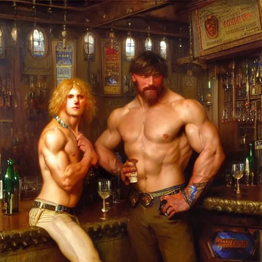 Image similar to attractive muscular arthur pendragon and muscular attractive merlin go to a pub together to have some drinks. highly detailed painting by gaston bussiere, craig mullins, j. c. leyendecker, alphonse mucha 8 k