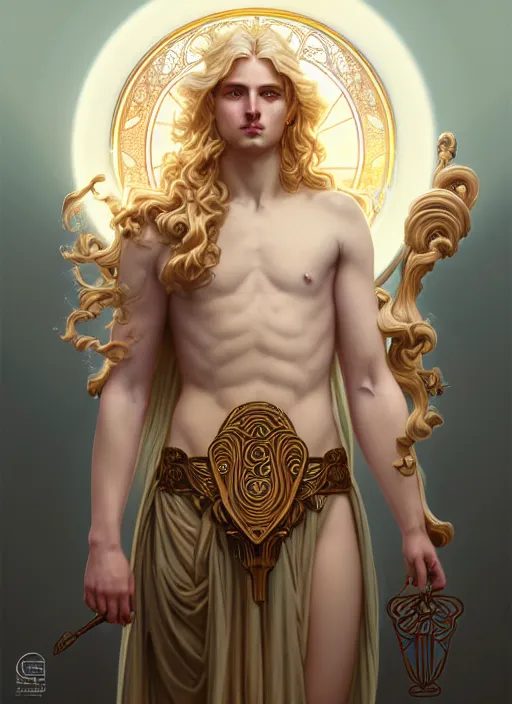 Image similar to smirking young god apollo, wavy blond hair, bright halo, glowing eyes, volumetric lights, rose gold scheme, art nouveau botanicals, gothic, intricate, highly detailed, digital painting, artstation, concept art, smooth, sharp focus, symmetric face, illustration, steampunk, art by artgerm and greg rutkowski and alphonse mucha