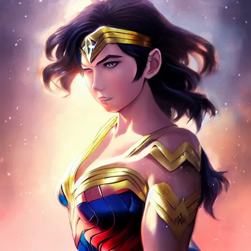 Image similar to A realistic anime wonder woman, digital painting, by WLOP and Rossdraws, digital painting, trending on ArtStation, deviantart