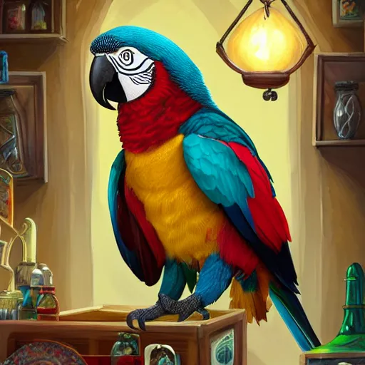 Prompt: Anthropomorphized parrot trader in his shop, selling his wares, portrait, items, items, magic potions, carpet, window, fancy hat, sly expression , cunning expression, cute expression, long thick shiny black beak, presenting wares, holding a bag, D&D, fantasy, cinematic lighting, highly detailed, digital painting, artstation, concept art, smooth, sharp focus, illustration, warm light, cozy warm tint, magic the gathering artwork, volumetric lighting, 8k, art by Akihiko Yoshida, Greg Rutkowski