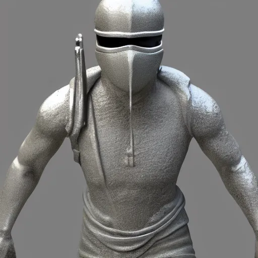 Image similar to 3 d octane rendering of marble and chrome statue of ninja wearing full face mask and hunter hat, technological, octane render