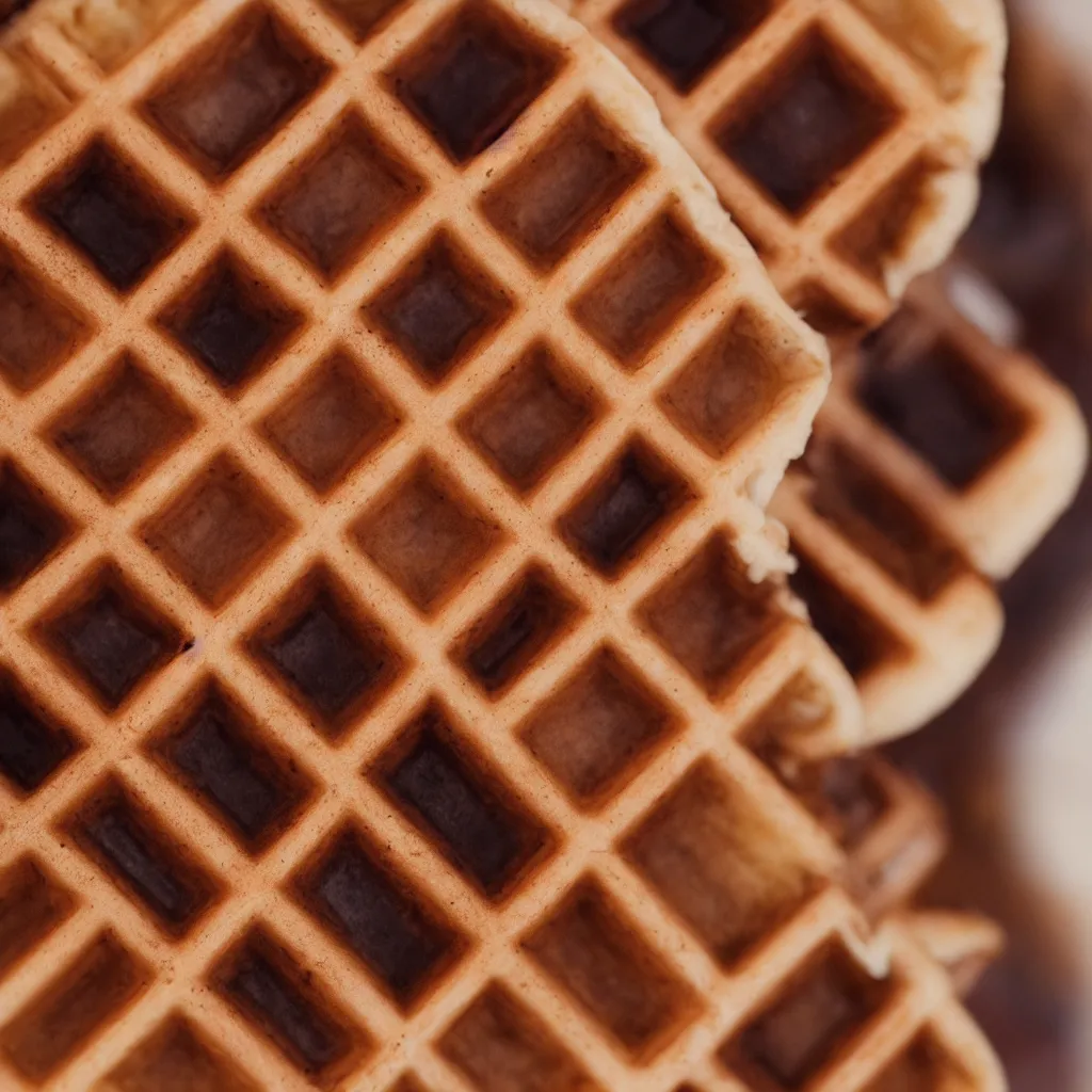 Image similar to close - up view of waffles on top of a wooden table, 8 k, high detail, photorealistic, proper shading