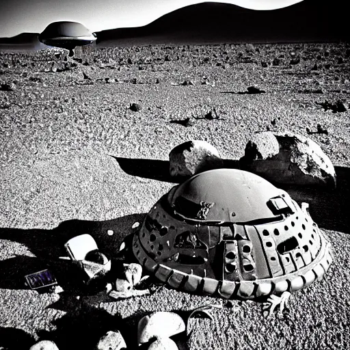 Image similar to crashed burning UFO broken flying saucer in pieces strewn across a rocky desert, with a sad Roswell grey alien trying to repair his destroyed spacecraft in the desert, crashed smoking UFO, crashed bent and broken Flying Saucer, cactus and rocks in the background, dusk, Nikon photo