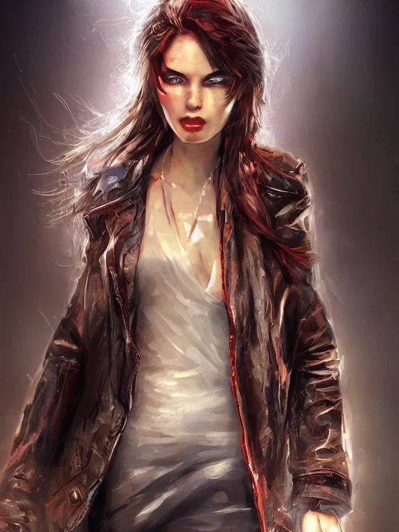 Image similar to digital illustration of a girl with eyes that burn like cigarettes wearing a short skirt and a long jacket with fingernails that shine like justice, dramatic lighting, photorealistic, full body shot, extreme detail, 4 k, colorful, artgerm and craig mullins