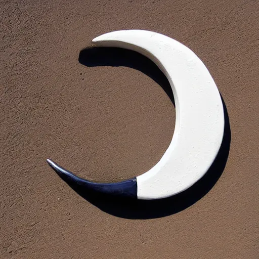 Image similar to anthropomorphic crescent moon sculpture, crescent moon face, ceramic, photograph, fine art, glazed ceramic, kitsch,