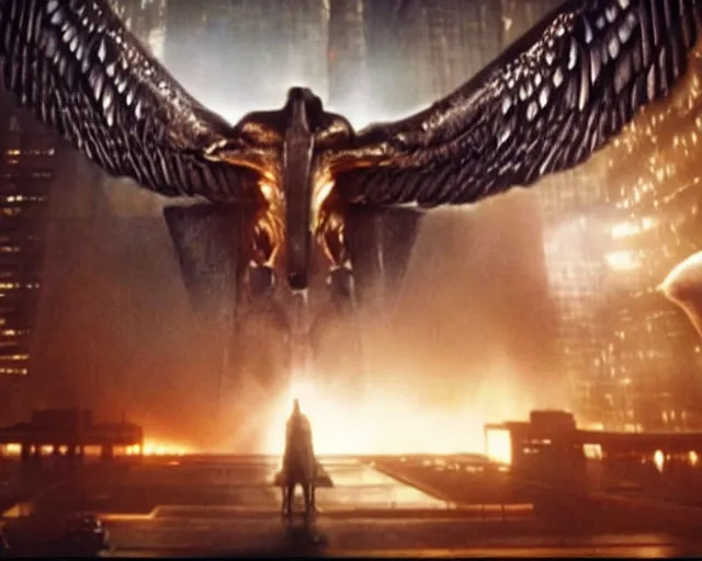 Image similar to a movie still of a gigantic egyptian god fighting a huge eagle in blade runner los angeles, by marvel movies and ilm