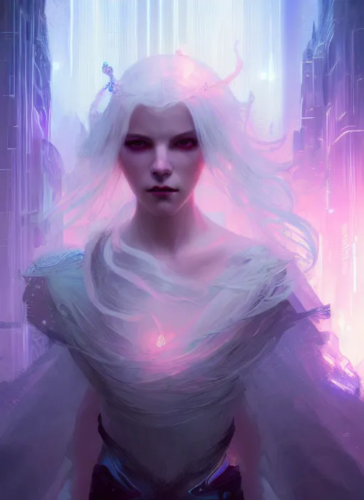 Prompt: a beautiful white haired princess, intricate concept art, ethereal, enchanted, ominous, dramatic lighting, illuminated lines, outrun, vaporware, cyberpunk darksynth, dark background, 8 k, by ruan jia and krenz cushart and alphonse mucha