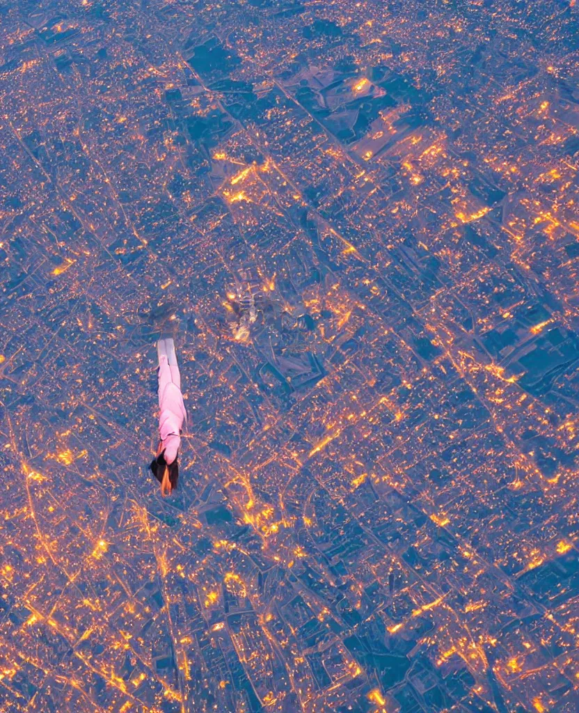 Prompt: a student flying upwards through iridescent clouds at dusk in a lit up city