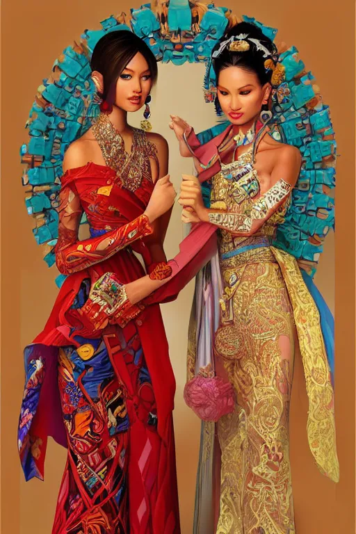 Prompt: hand holding a lego, portrait of a beautiful indonesian supermodels wearing traditional costume, highly detailed, digital painting, artstation, concept art, sharp focus, illustration, art by kittichai rueangchaichan and james gurney and alphonse mucha