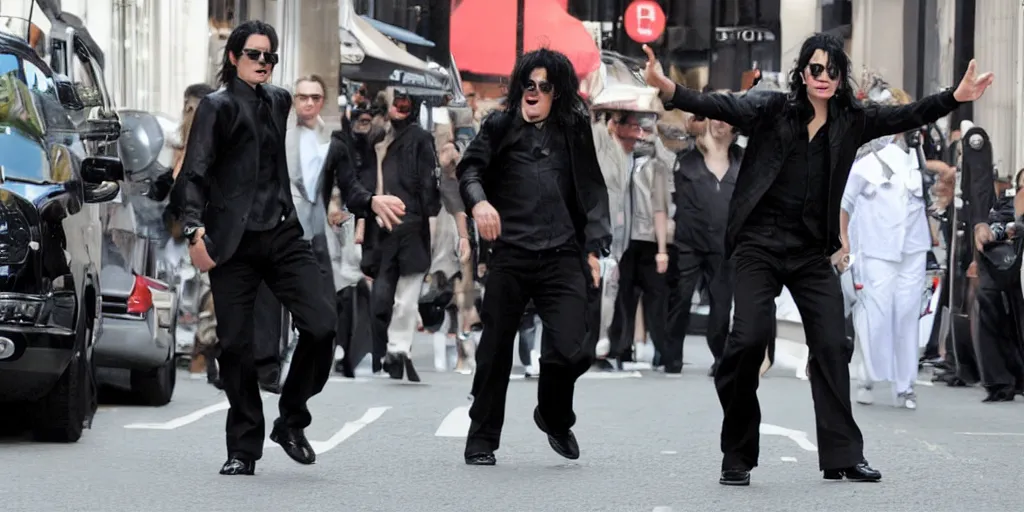 Prompt: michael jackson 2 0 0 9 wearing shades, alone, this is it style, photo real, pores, motion blur, spotted with body guards in london, by himself, real life, spotted, ultra realistic face, accurate, 4 k, movie still, uhd, sharp, detailed, cinematic, render, modern