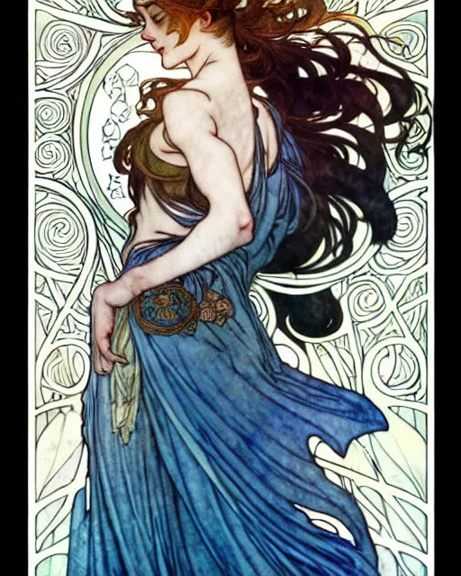 Image similar to in the style of artgerm, arthur rackham, alphonse mucha, phoebe tonkin, symmetrical eyes, symmetrical face, flowing blue skirt, full entire body, hair blowing, intricate filagree, hidden hands, warm colors, cool offset colors