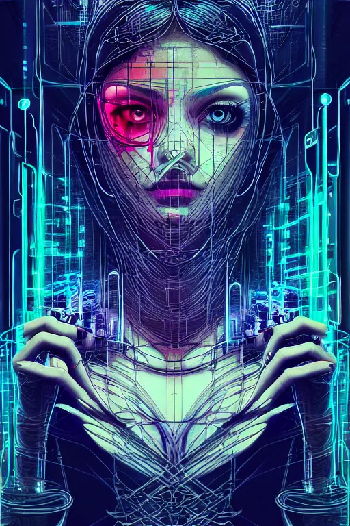 Image similar to dreamy cyberpunk girl, abstract smoke neon, digital nodes, computer network, beautiful woman, detailed acrylic, grunge, intricate complexity, by dan mumford and by alberto giacometti, arthur rackham