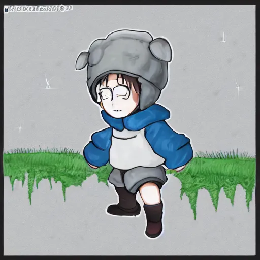 Prompt: little boy wearing sheep suit. white, gray, blue, green and brown pallet color. made in abyss art style, inspired in kris from deltarrune, cute detailed artwork