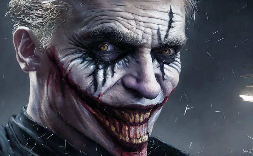 Image similar to highly detailed portrait of christoph waltz as the joker, in batman : arkham knight, stephen bliss, unreal engine, fantasy art by greg rutkowski, loish, rhads, ferdinand knab, makoto shinkai and lois van baarle, ilya kuvshinov, rossdraws, tom bagshaw, global illumination, radiant light, detailed and intricate environment