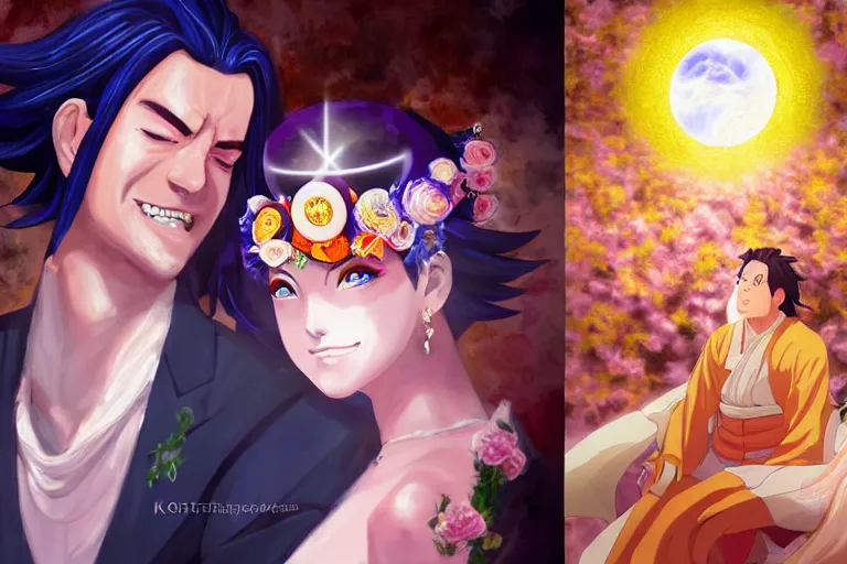 Image similar to a cinematic portrait of wedding photograph jpeg close up moment of a divine a japan sun god and moon goddess lovers magician at a wedding banquet. portraiture. digital painting. artstation. concept art. wedding photo. digital painting. naruto the movie art masterpiece by art by krenz cushart