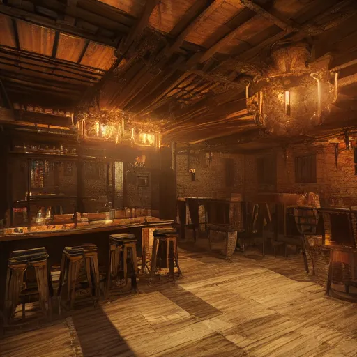 Image similar to ultra mega super hyper realistic Digital concept interior design of tavern in Cyberpunk style mixed with medieval style. More cyberpunk less medieval. Natural white sunlight from the transperient roof. Rendered in VRAY and DaVinci Resolve and MAXWELL and LUMION 3D, Volumetric natural light