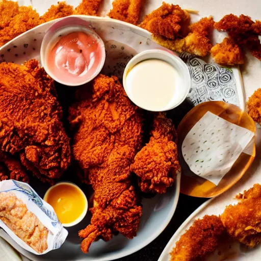 Prompt: A delicious plate of fried chicken, KFC, food photography, michelin star