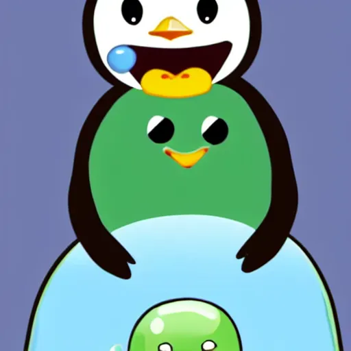 Prompt: a penguin riding a smiling slime ball, cartoon, kawaii,