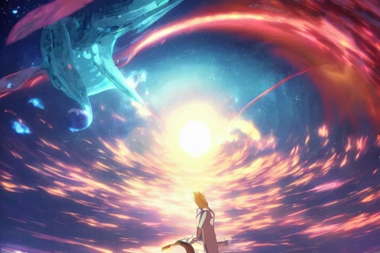 Prompt: tonemapped anime character!!! splitting a gas giant in half like parting the red sea, with pack of space whales fly through an interdimensional rift! in background by ( hiromu arakawa ), makoto shinkai and ( cain kuga )